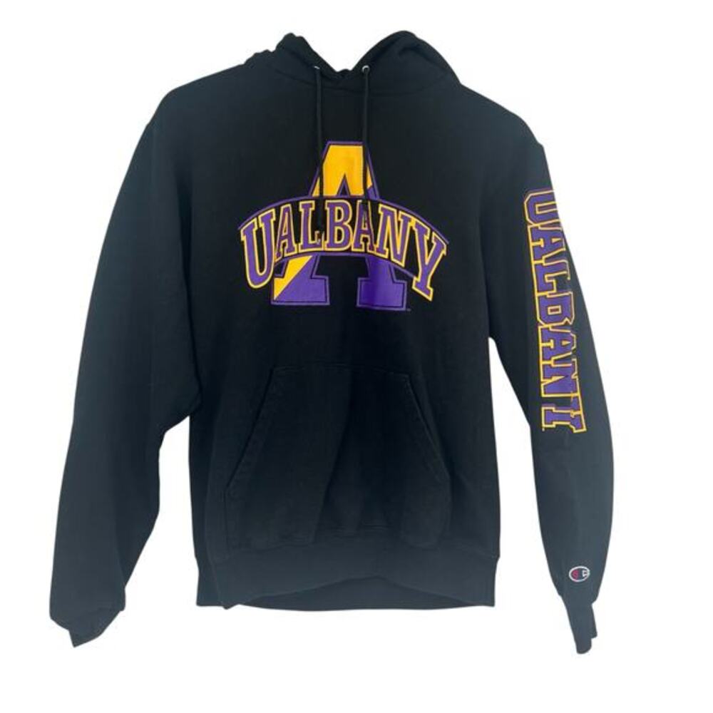 Champion Ualbany black pullover sweatshirt hoodie spell out gold & purple small